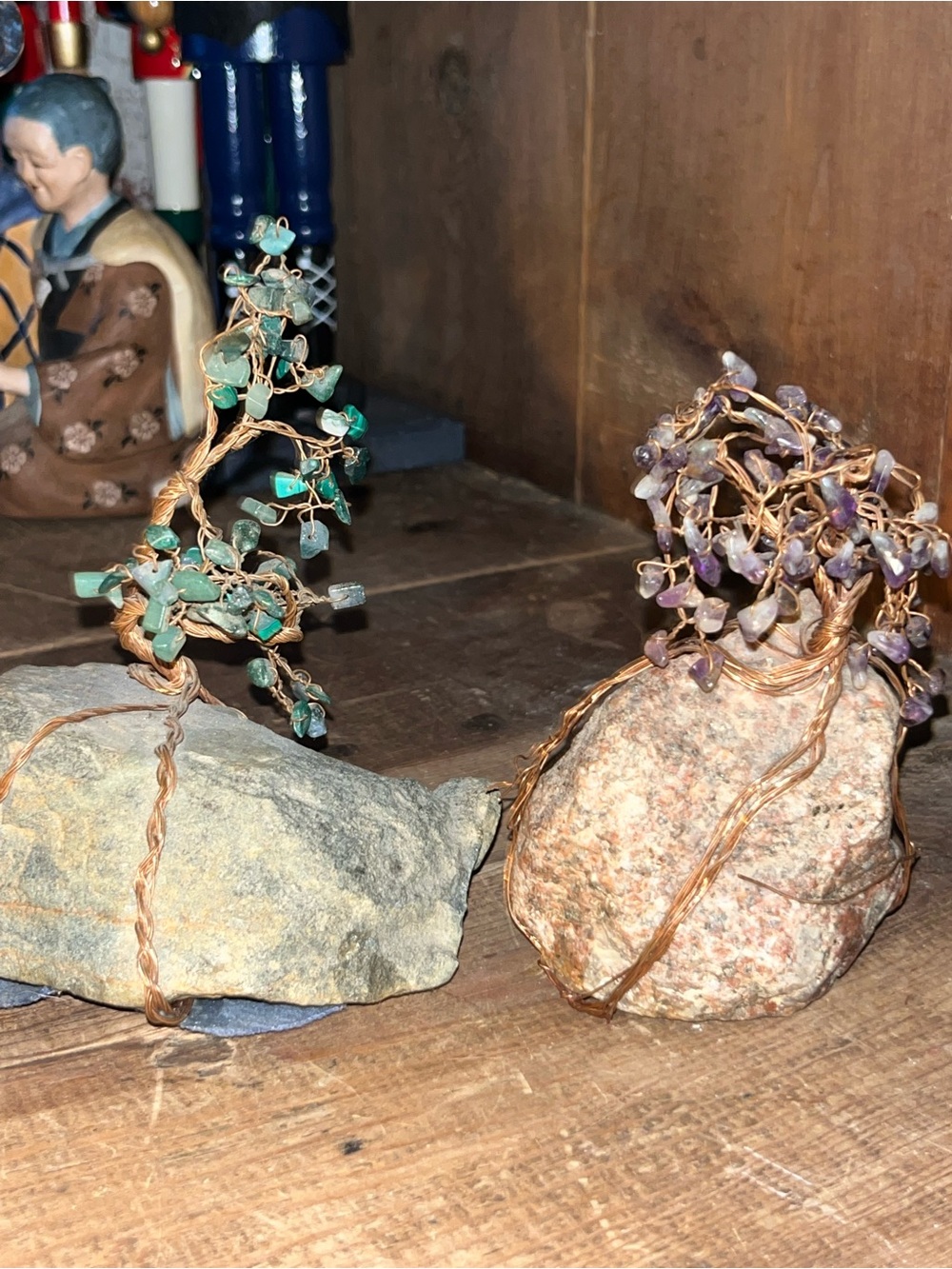 Vintage Mini Jade Glass Wire Tree In Quartz Amethyst Cluster Base  6” & 5”